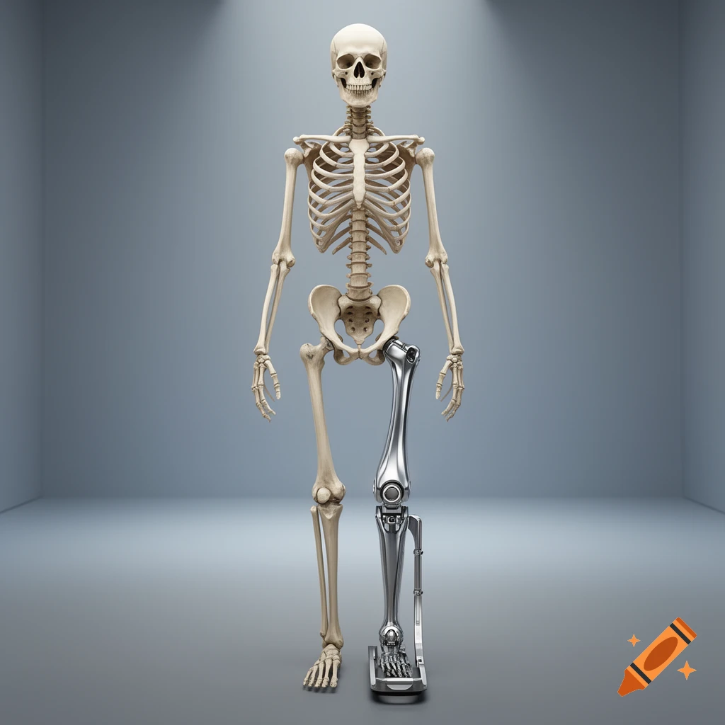 A full human skeleton with a shiny silver prosthetic right leg, standing in a grey room with spotlights.