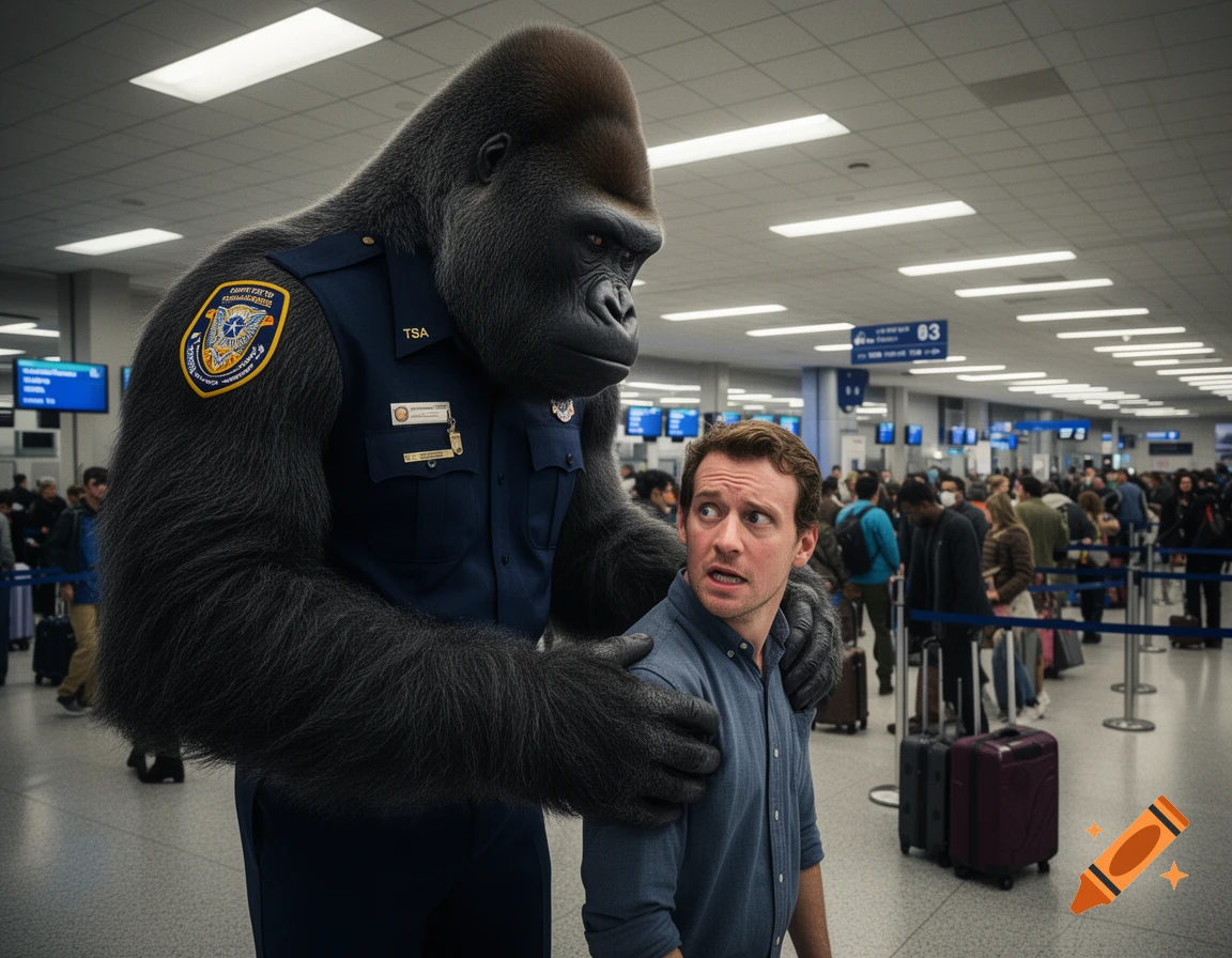A huge, photorealistic gorilla in a TSA uniform with a stern expression pats down a terrified man in a bustling airport security line.