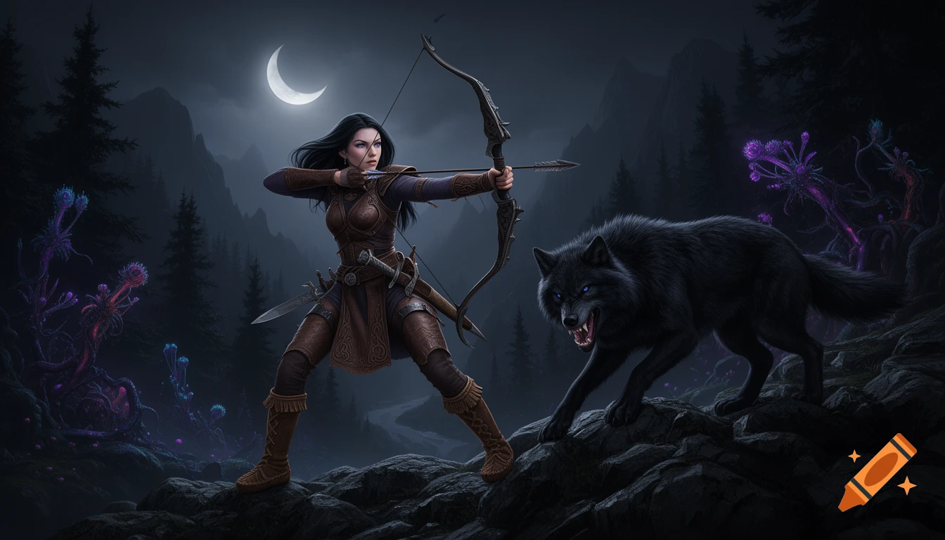 A female archer with a black wolf in dynamic poses, in a dark fantasy forest under a crescent moon, digital art.