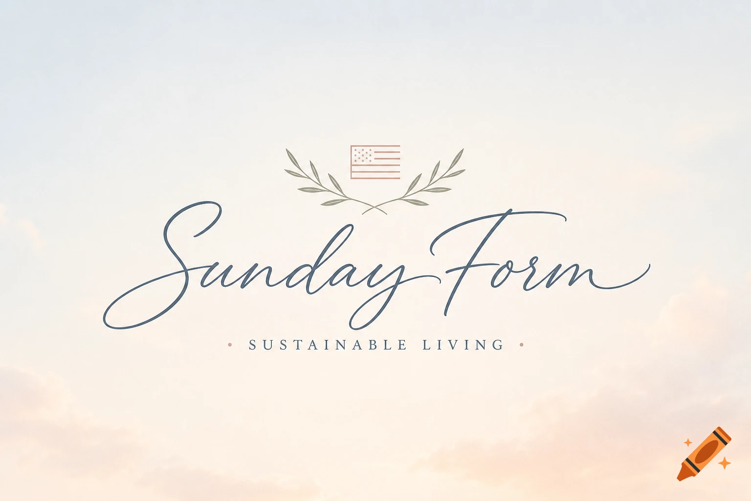 A logo featuring "Sunday Form" in blue script text, "Sustainable Living" in block letters, with olive branches and a stylized American flag, on a soft sky background.