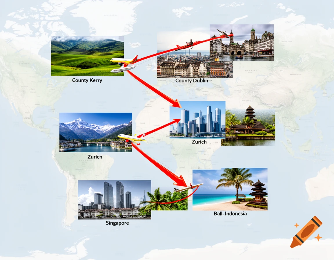 A world map showing airplane routes between images of County Kerry, County Dublin, Zurich, Singapore, and Bali, Indonesia.