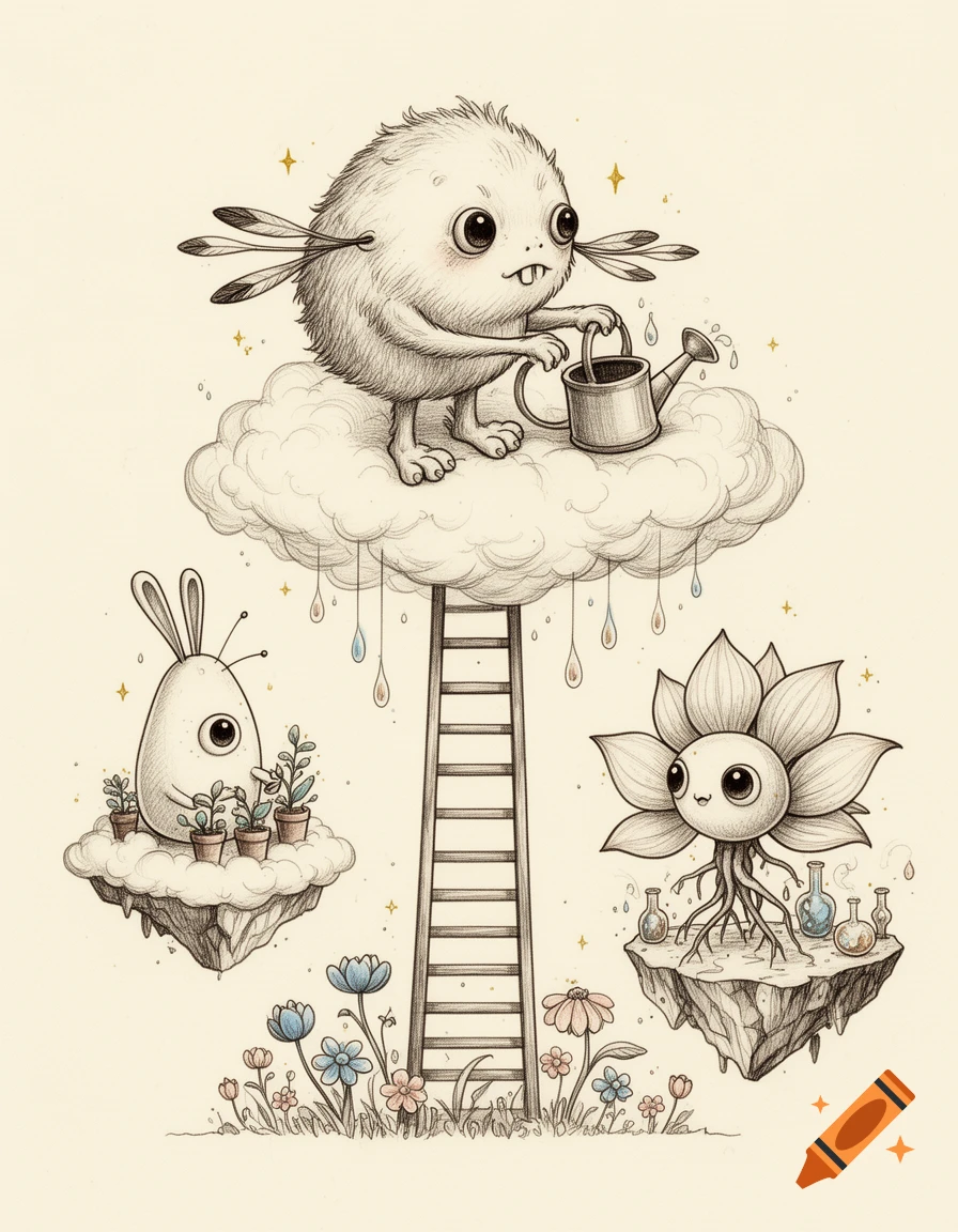 Whimsical ink drawing on cream paper shows a fluffy creature watering a cloud, an egg-shaped creature with potted plants, and a flower creature with roots, all floating on islands.