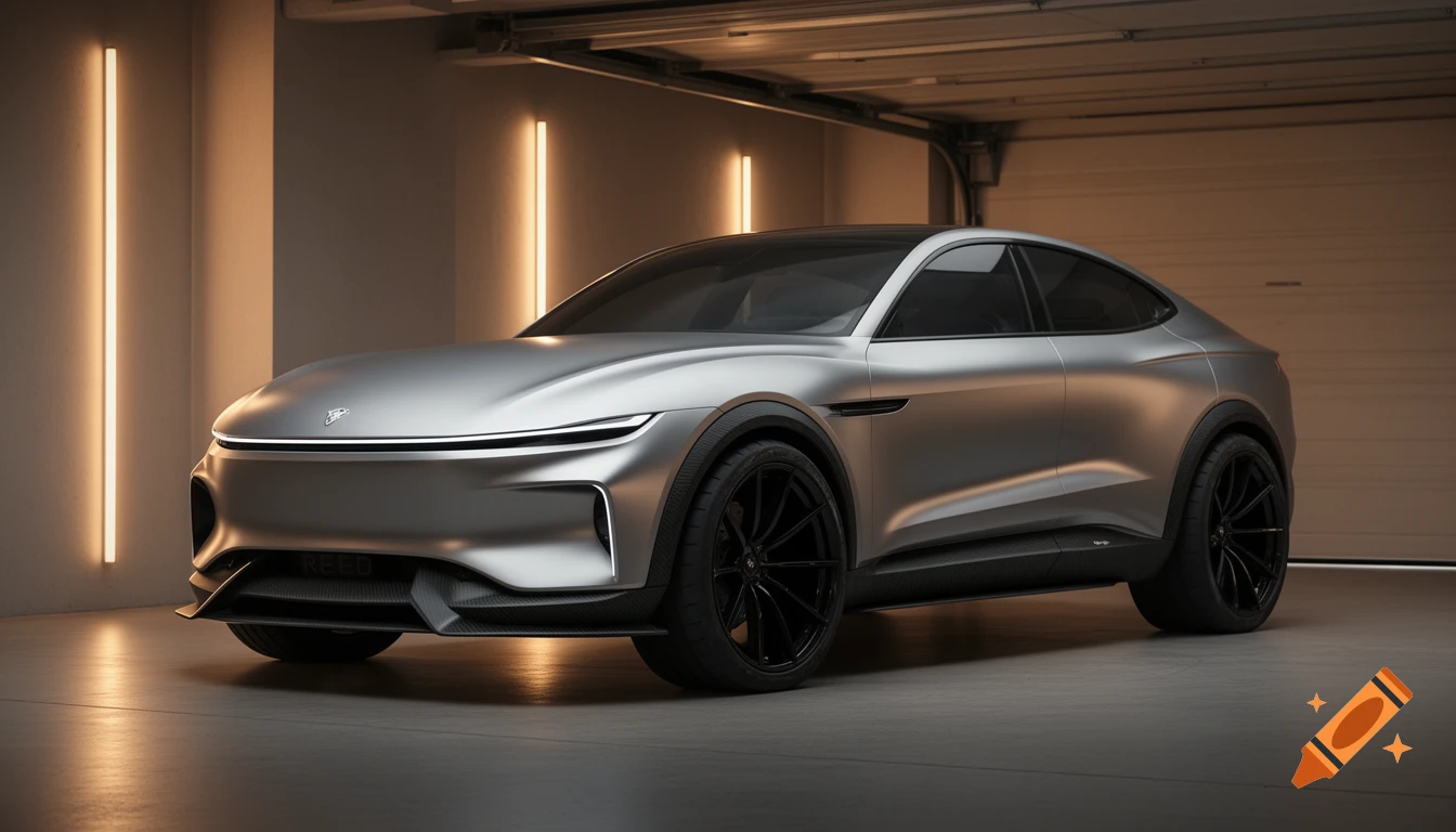 A sleek, silver, futuristic REED SUV concept car with black wheels, parked in a minimalist dark garage with warm vertical lights.