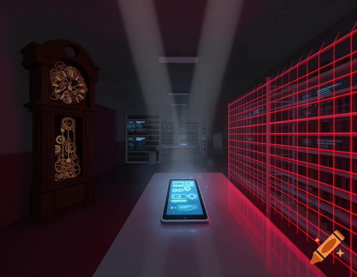 A dark, futuristic library with a glowing tablet on a desk, an old grandfather clock, and a red laser grid covering server racks in Roblox style.