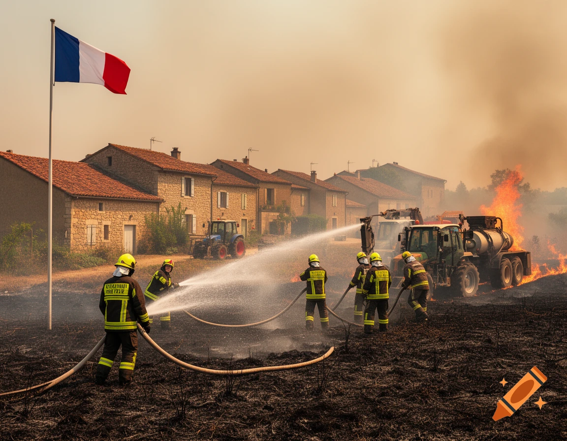 French firefighters battle a wildfire with hoses near a village and agricultural machinery, under a French flag, in a smoke-filled landscape.