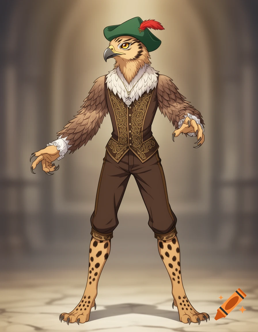 Anime-style anthropomorphic hawk in medieval clothes, green hat with feather, clawed hands, and spotted cat legs.