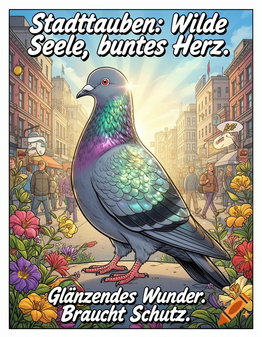A colorful comic-style illustration of an iridescent pigeon in a bustling city street surrounded by flowers, with German text.
