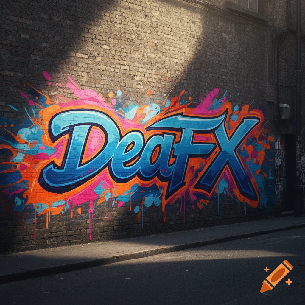 Vibrant graffiti spelling 'DeaFX' in blue, pink, and orange on a dark brick wall, illuminated by sunlight.