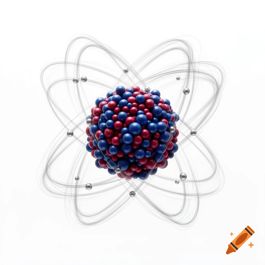 A 3D rendering of an atom with a red and blue sphere nucleus and orbiting silver electrons against a white background.