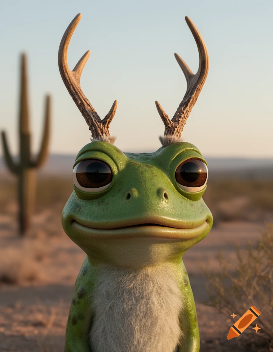A friendly, cartoonish green frog with large eyes and antlers stands in a desert landscape with a blurred cactus.