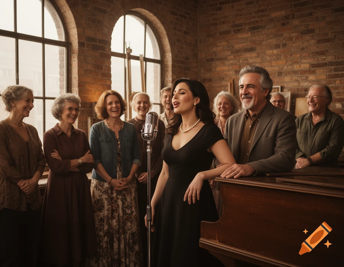 A woman in a black dress sings into a vintage microphone, surrounded by smiling older adults in a loft with a piano, photorealistic.