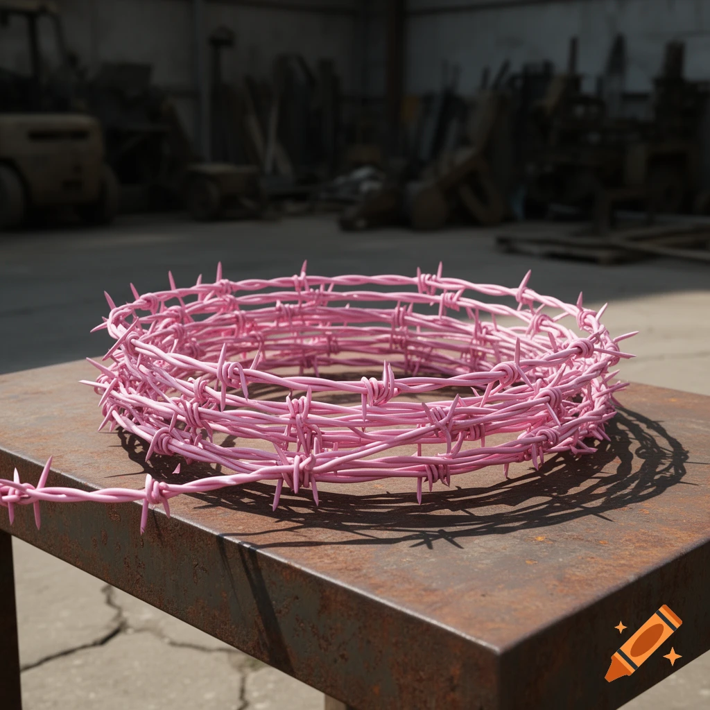 A roll of bright pink barbed wire sits on a rusty metal table in a dimly lit industrial setting.
