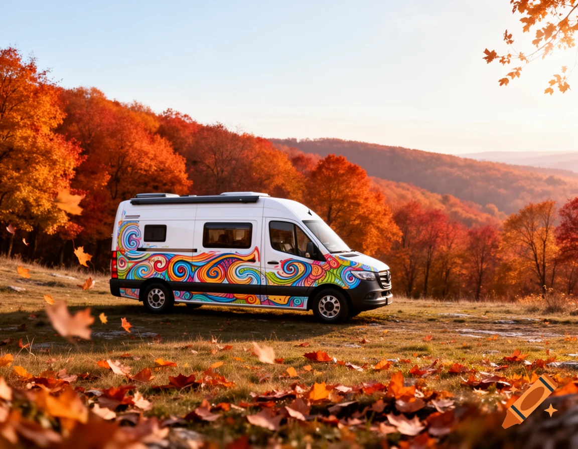 White campervan with colorful swirls parked in a field with autumn leaves, surrounded by red and orange fall trees.