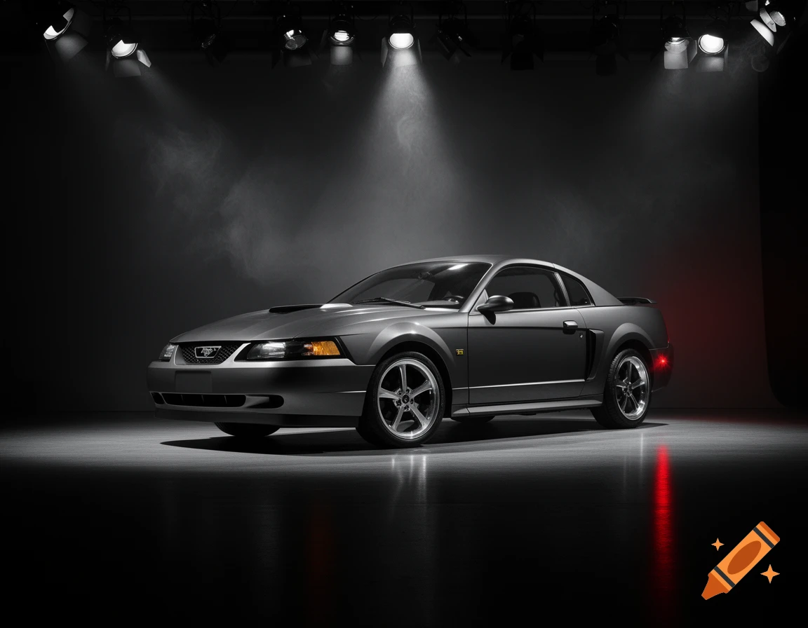 A dark gray Ford Mustang Mach 1 sports car parked in a dimly lit, smoky studio under spotlights. Photorealistic.