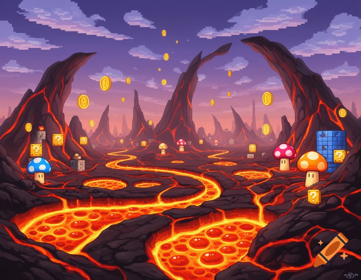 Pixel art volcanic landscape in Super Mario style with lava rivers, mountains, question blocks, coins, and mushrooms.