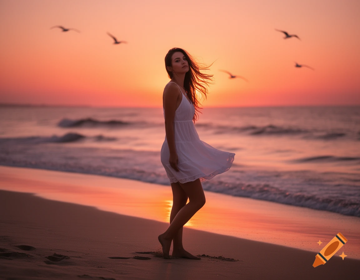 A photorealistic image of a woman in a white dress standing on a sandy beach by the ocean during a vibrant sunset.