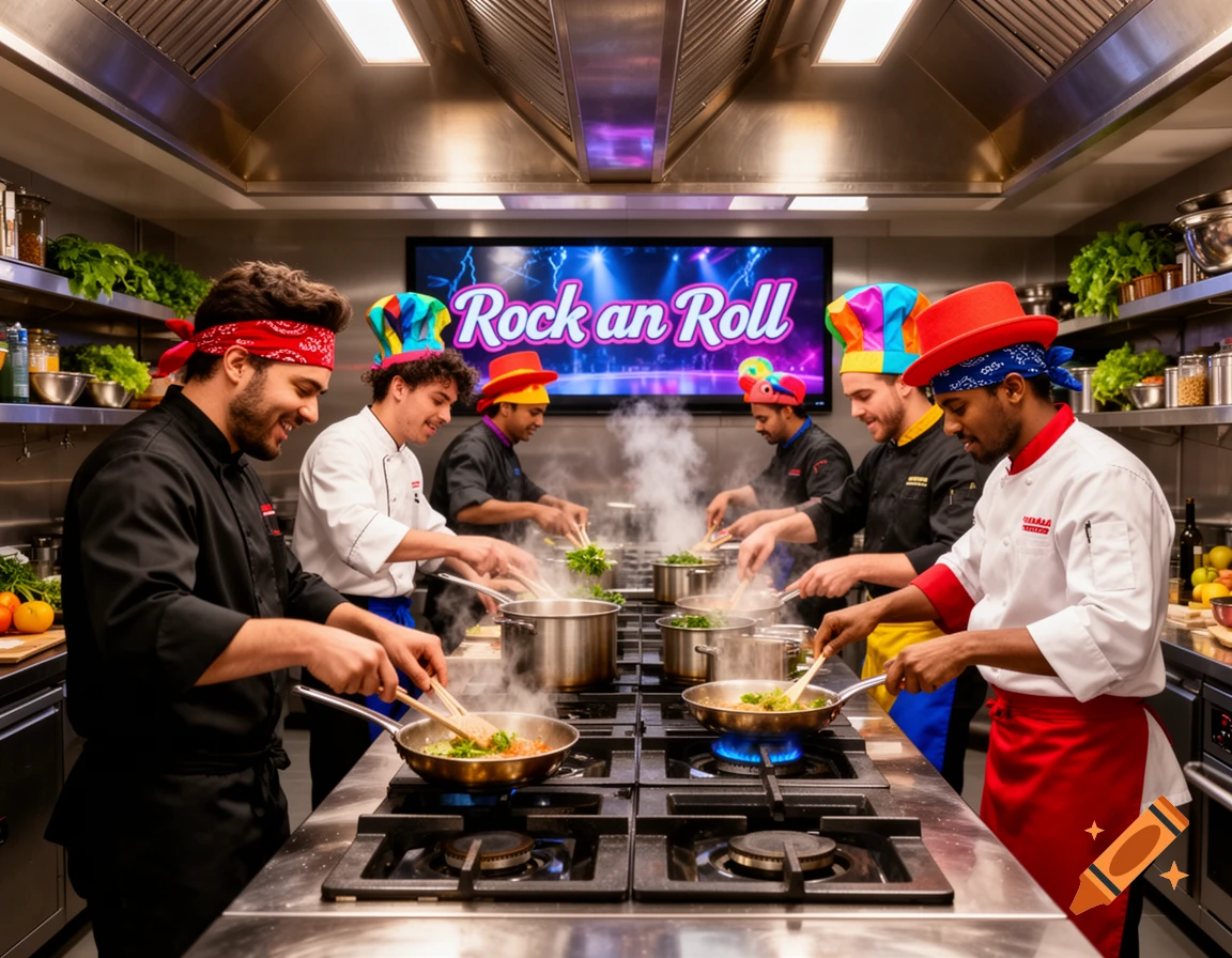 A group of chefs in colorful hats and bandanas cook with steaming pans in a professional kitchen with a 'Rock an Roll' screen.