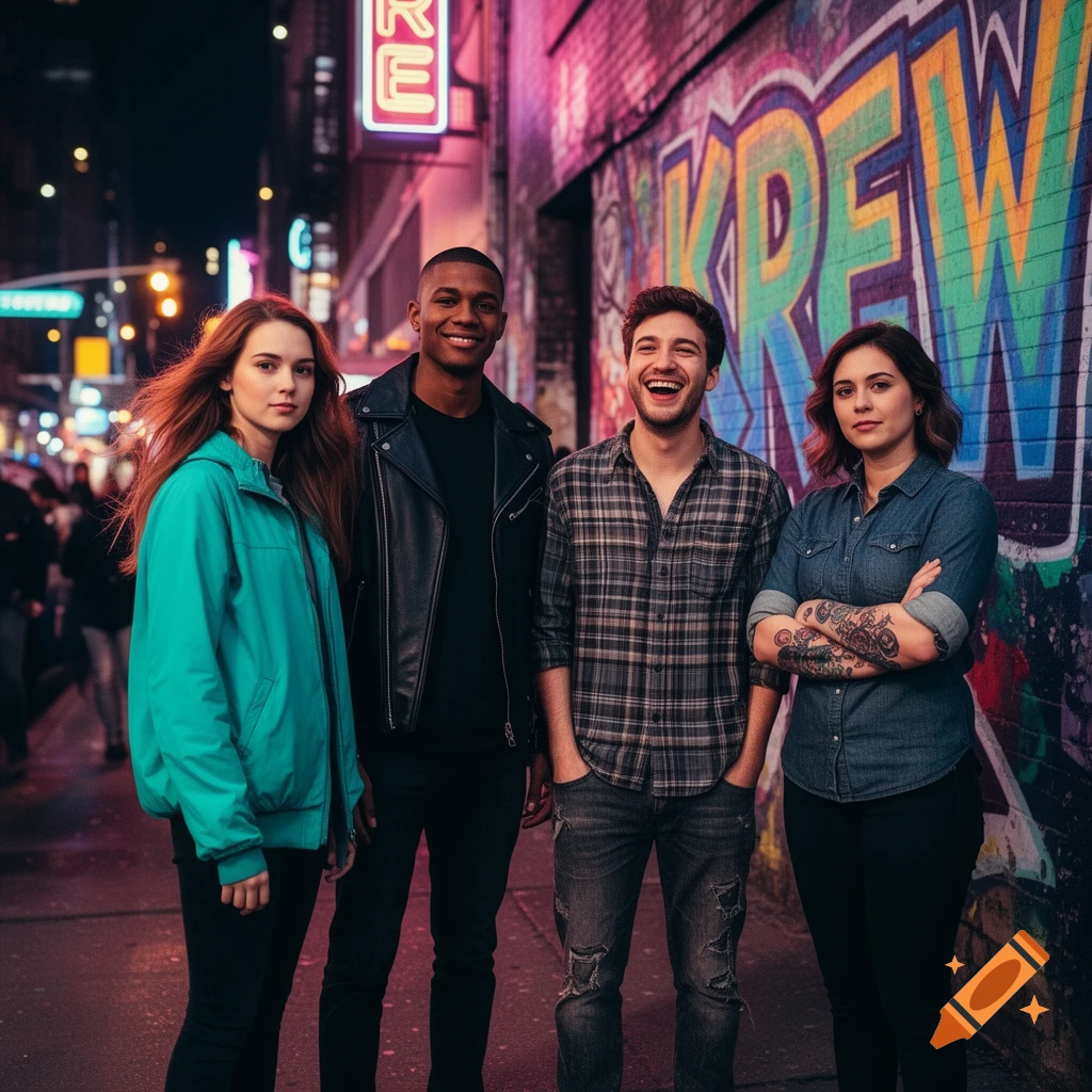 Four young adults stand on a vibrant city street at night, with neon signs and colorful graffiti on a brick wall behind them.