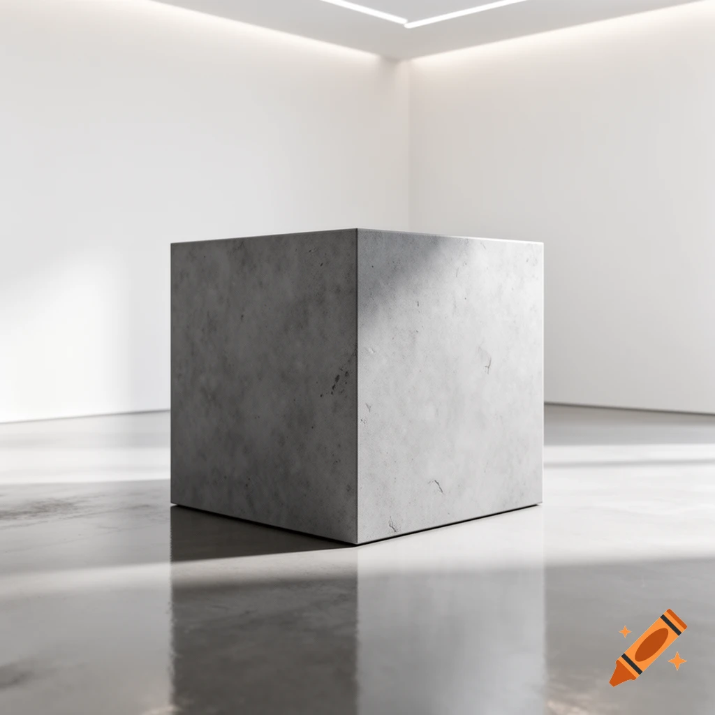 A large, textured grey concrete cube stands centrally in a minimalist white room with a reflective floor, lit by overhead lights.