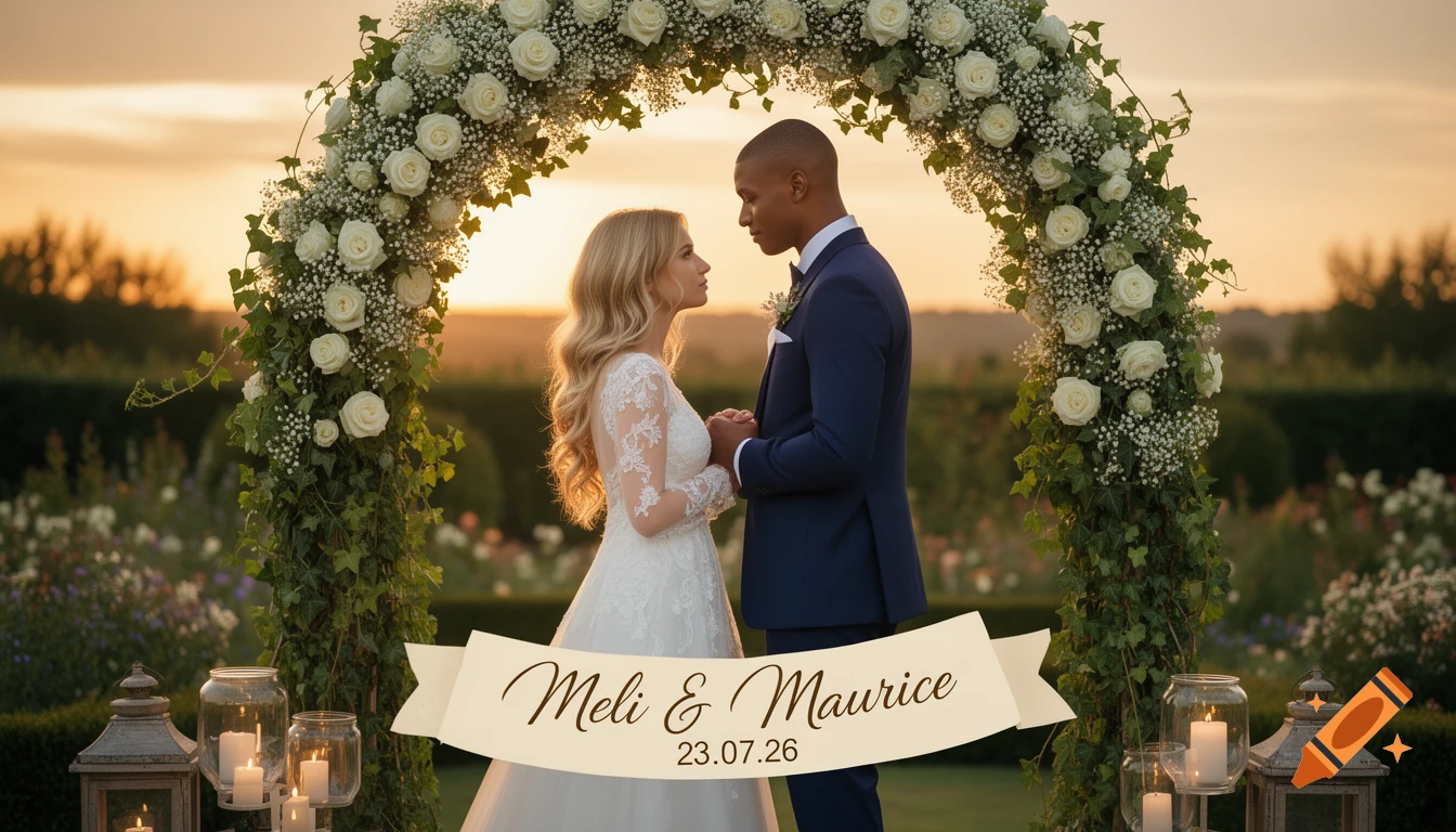 A wedding couple, Meli and Maurice, stand under a floral arch in a garden at sunset, with a banner displaying "Meli & Maurice 23.07.26".