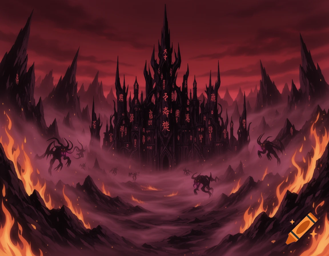 A stylized dark fantasy scene featuring a towering black demon castle with glowing red script on its walls, surrounded by spiky mountains, fire, and small horned demons under a crimson sky.