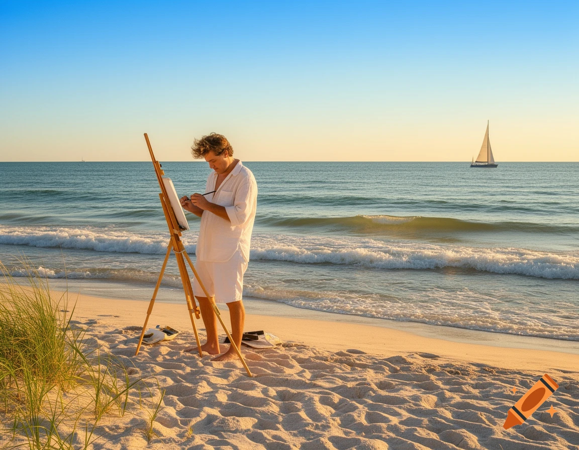 A man paints at an easel on a sandy beach with a sailboat on the ocean at sunset.