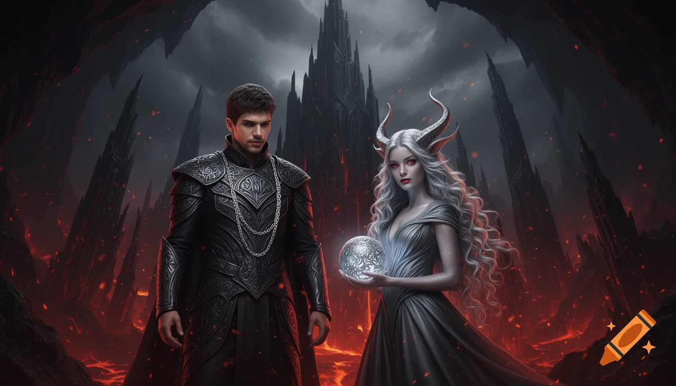A dark fantasy image showing a man and a horned woman, both with pale skin and red eyes, standing in front of a dark castle in an underworld filled with lava and ash.
