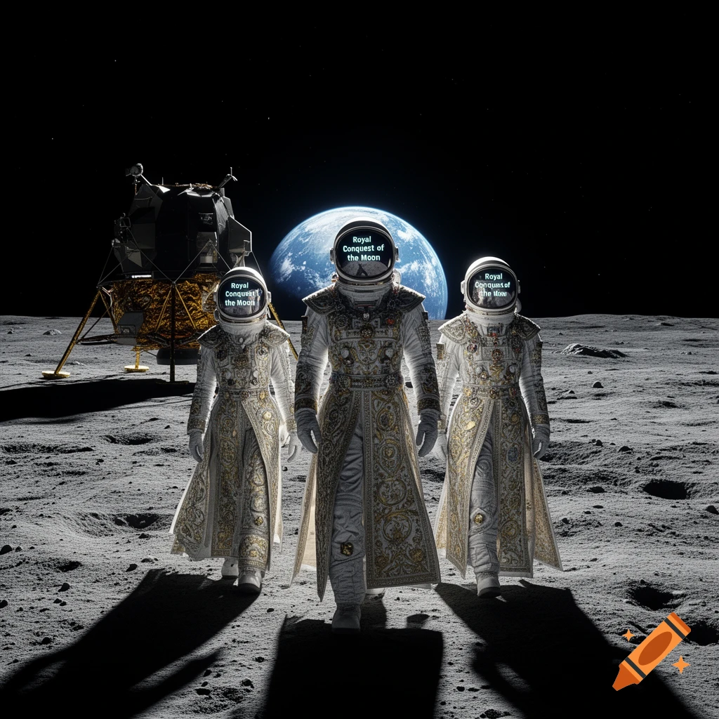Three astronauts in ornate royal suits stand on the moon, with a lunar lander and Earth in the background.