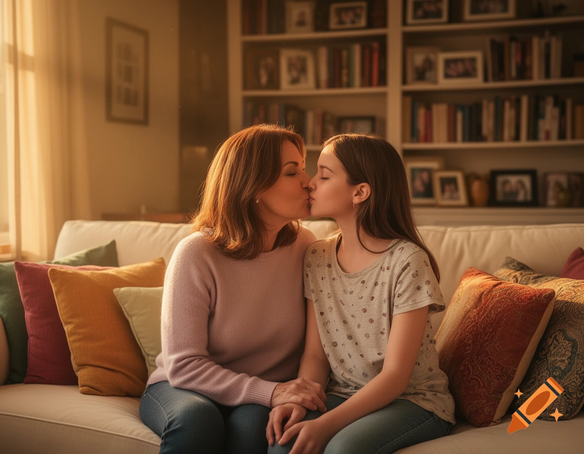 A woman and a young girl share a kiss on the lips while sitting on a couch in a cozy, sunlit living room.