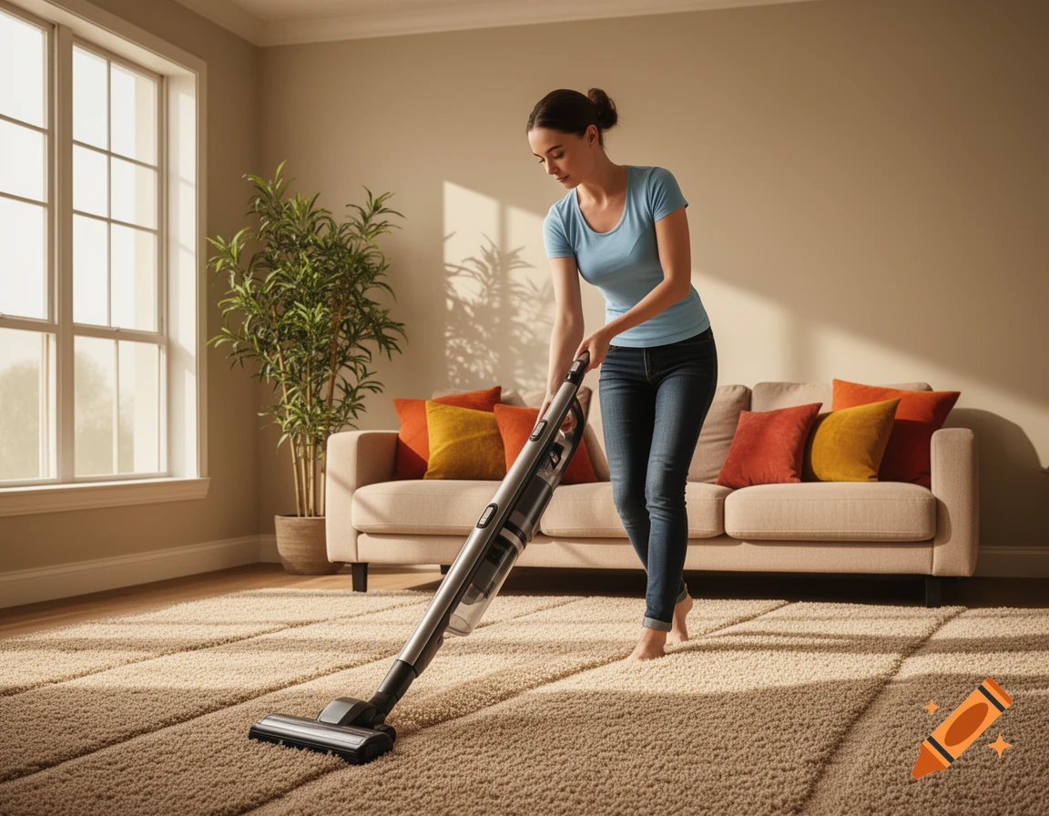 A woman vacuums a shaggy carpet in a sunlit living room with a beige couch and plant.