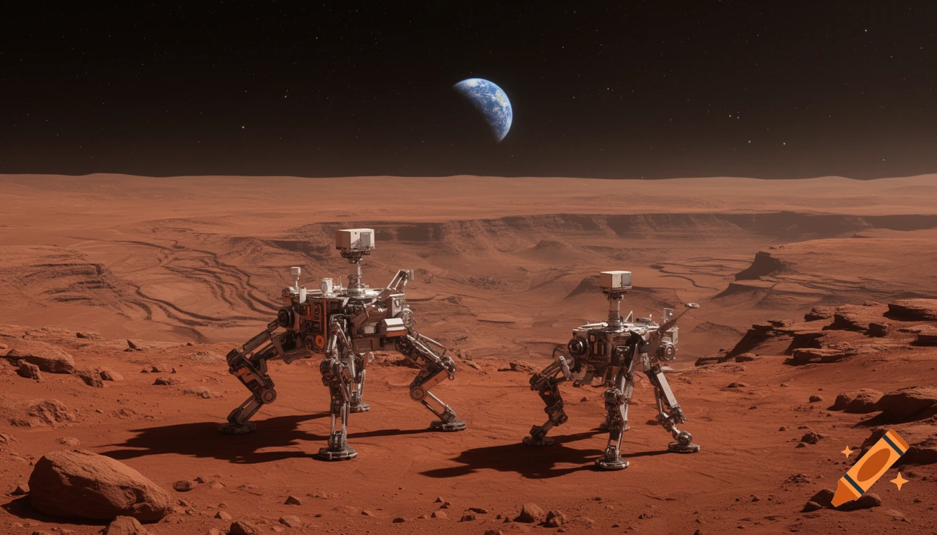Two intricate walking robots on the red Martian surface under a dark, starry sky, with Earth visible in the distance.