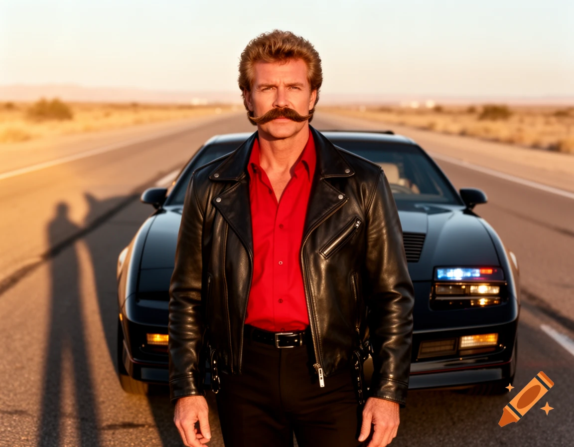 A man with a thick mustache, red shirt, and black leather jacket stands on a desert road with a black sports car at sunset.