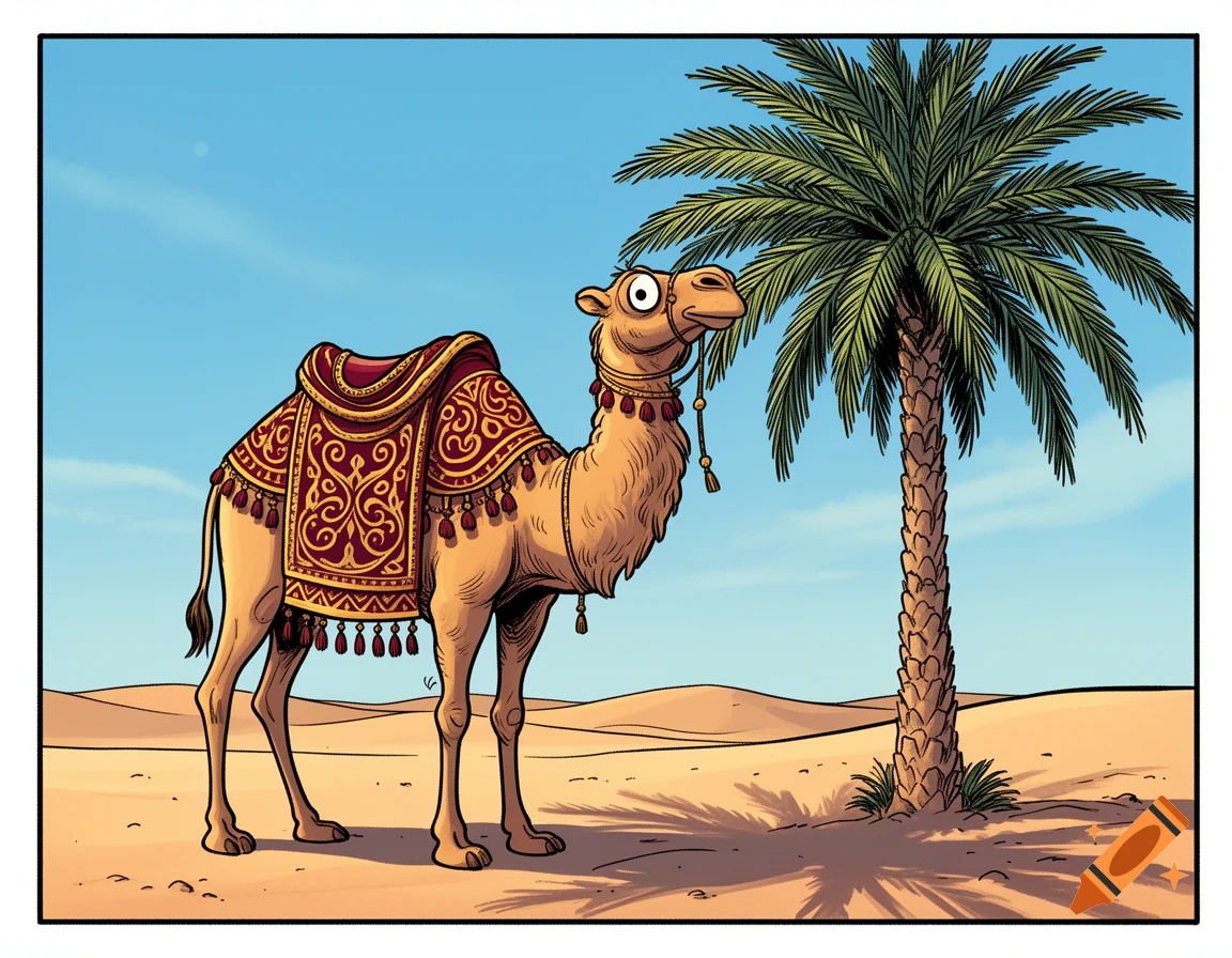 A cartoon camel with a decorative red and gold saddle stands in a sandy desert next to a green palm tree under a blue sky.