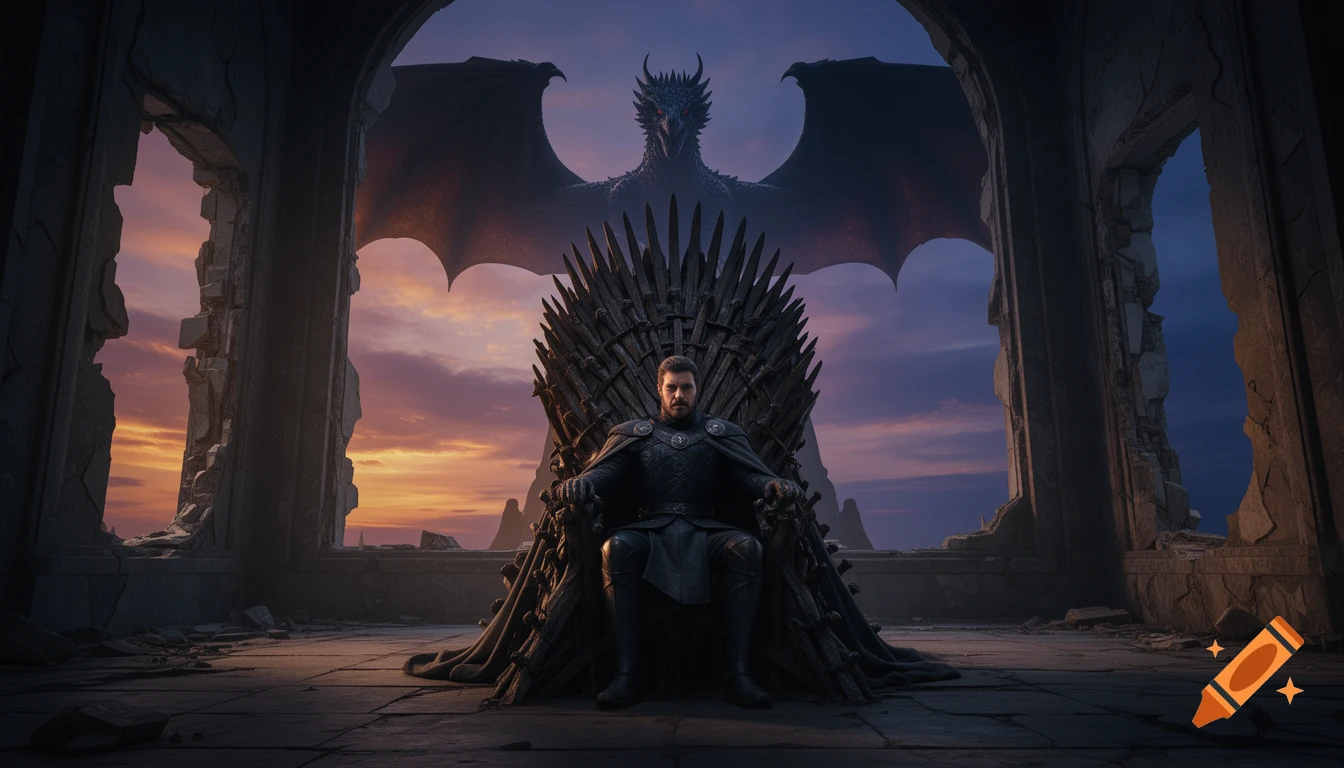A king on the Iron Throne in a ruined hall at sunset, with a large dragon silhouetted against a vibrant twilight sky. Photorealistic.