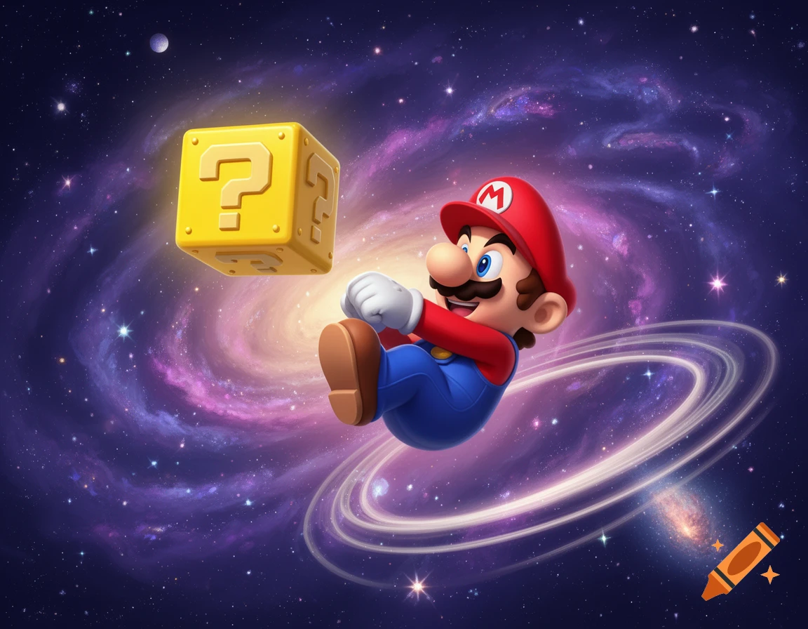 Super Mario floats in a vibrant galaxy, reaching towards a glowing yellow question mark block amidst stars and swirling cosmic dust.