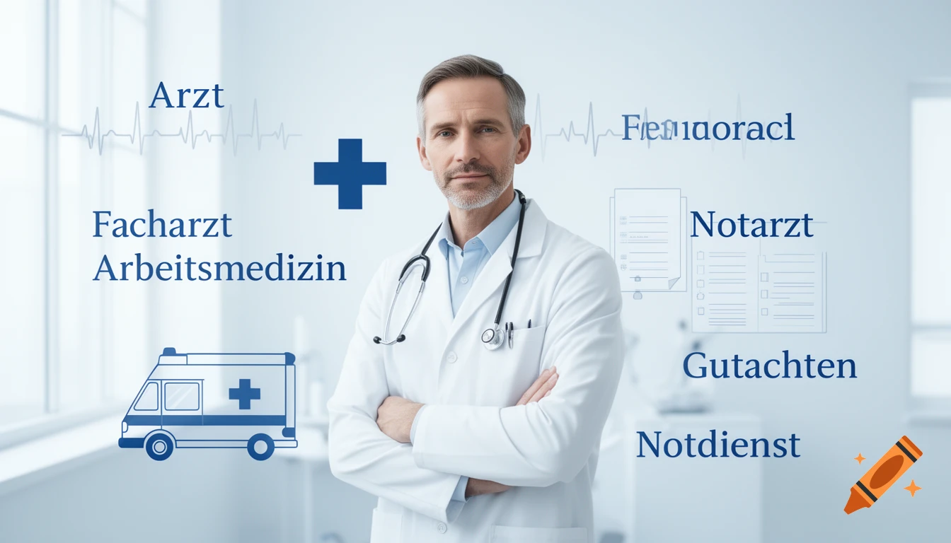A professional illustration of a male doctor in a white coat with a stethoscope, surrounded by medical symbols and German text related to medicine.