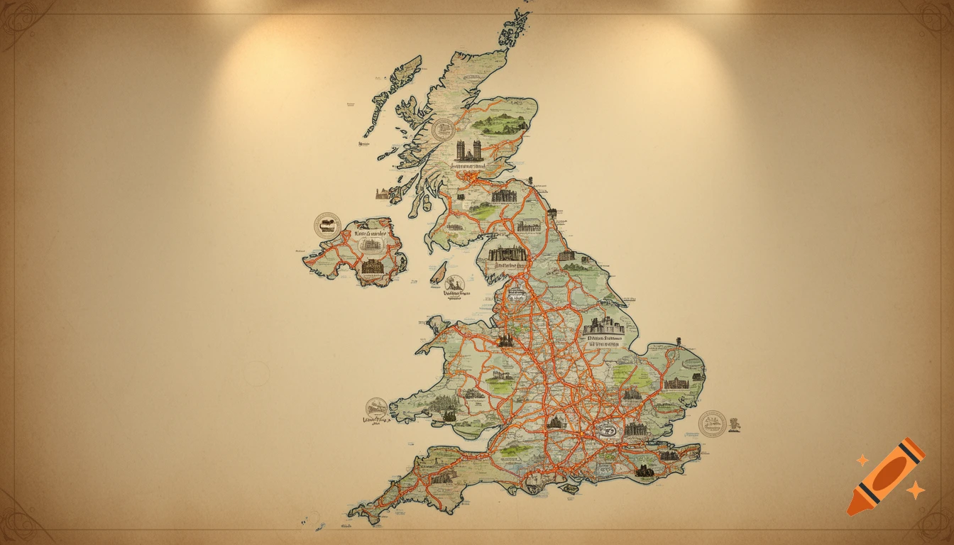 Vintage-style detailed roadmap of the United Kingdom with landmarks and towns on a sepia background.