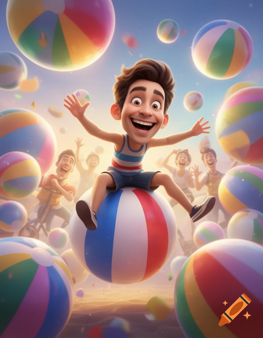 A happy cartoon boy sits on a red, white, and blue beach ball, with other colorful beach balls and laughing people in the background under a blue sky.