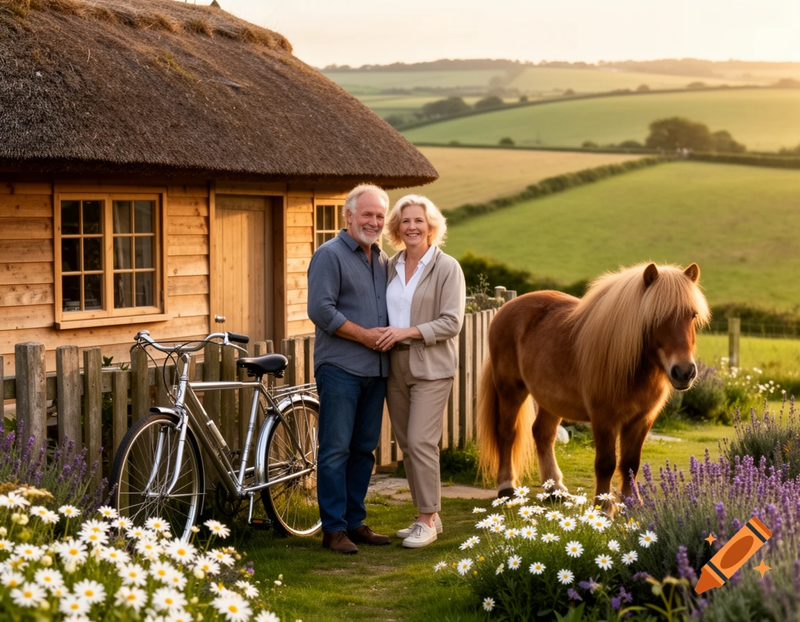 A smiling elderly couple stands in front of a small thatched-roof house with a bicycle and a pony, surrounded by flowers and green fields at sunset.