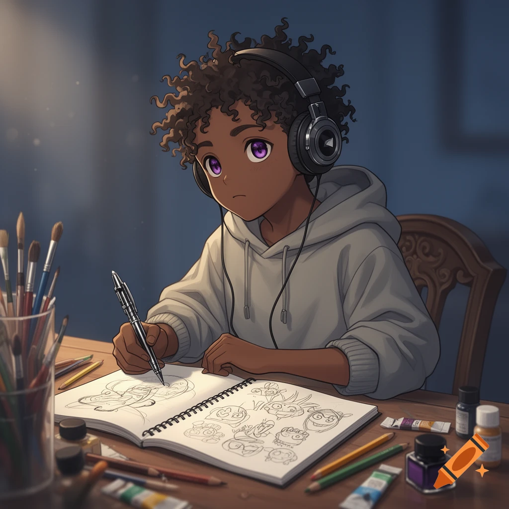 A black anime boy with headphones on, drawing in a sketchbook filled with character doodles at a wooden desk with art supplies.