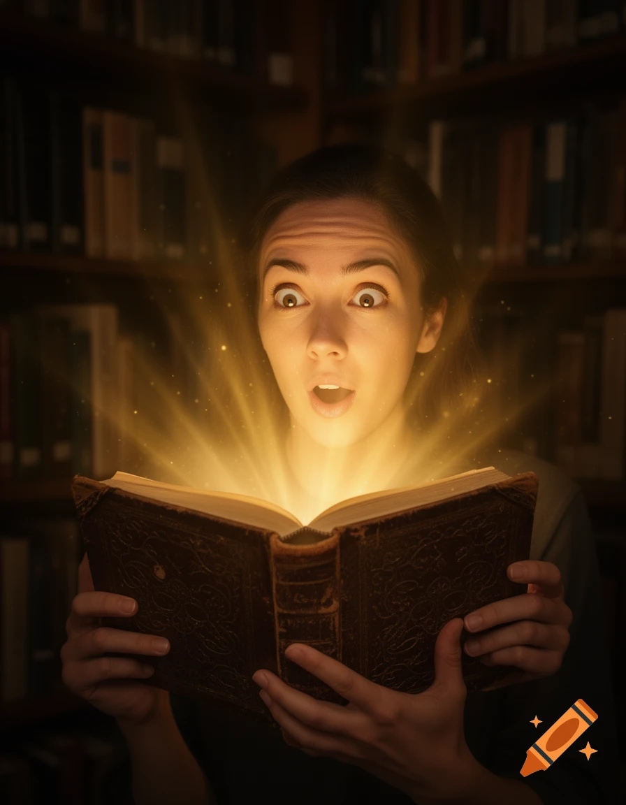 A woman with a look of wonder stares at a glowing book she holds in a dark library.