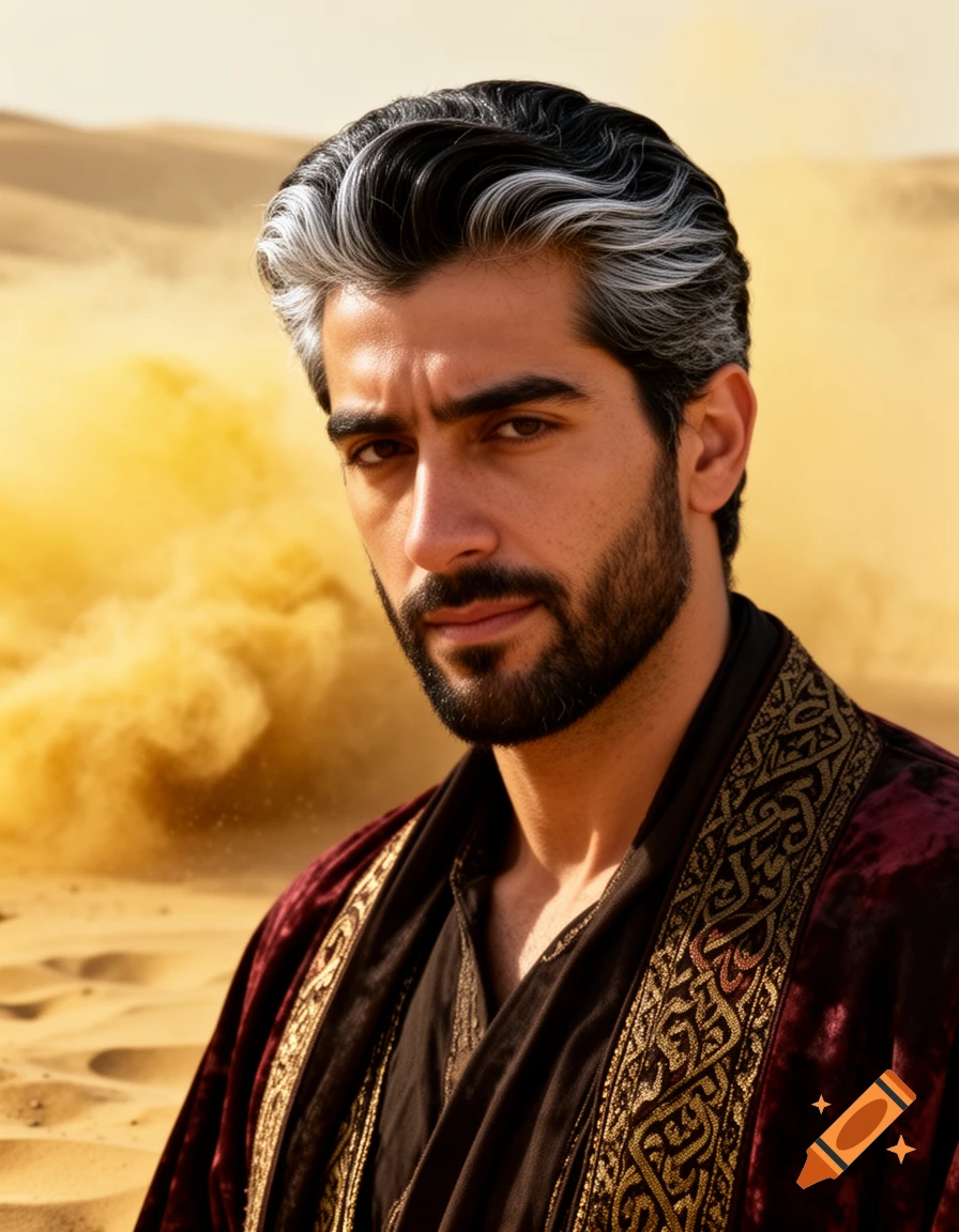 Photorealistic portrait of a man with dark and white hair, a beard, in a maroon and gold robe, in a dusty desert.
