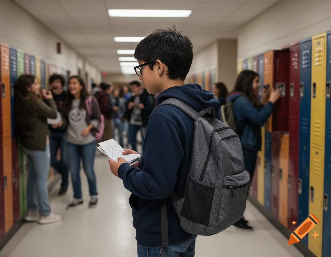 A photorealistic, over-the-shoulder view of a boy with a backpack and glasses holding note cards in a busy school hallway.