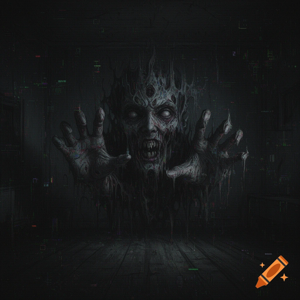 A decaying, multi-eyed monster with sharp teeth and outstretched hands emerges from a dark, glitchy digital horror scene.
