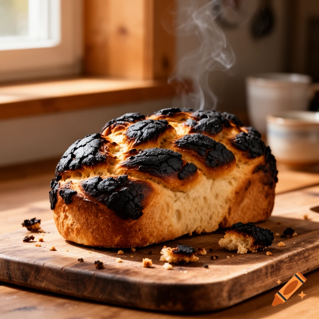 Photorealistic image of a heavily burnt loaf of pullapitko bread on a wooden cutting board, with steam rising.
