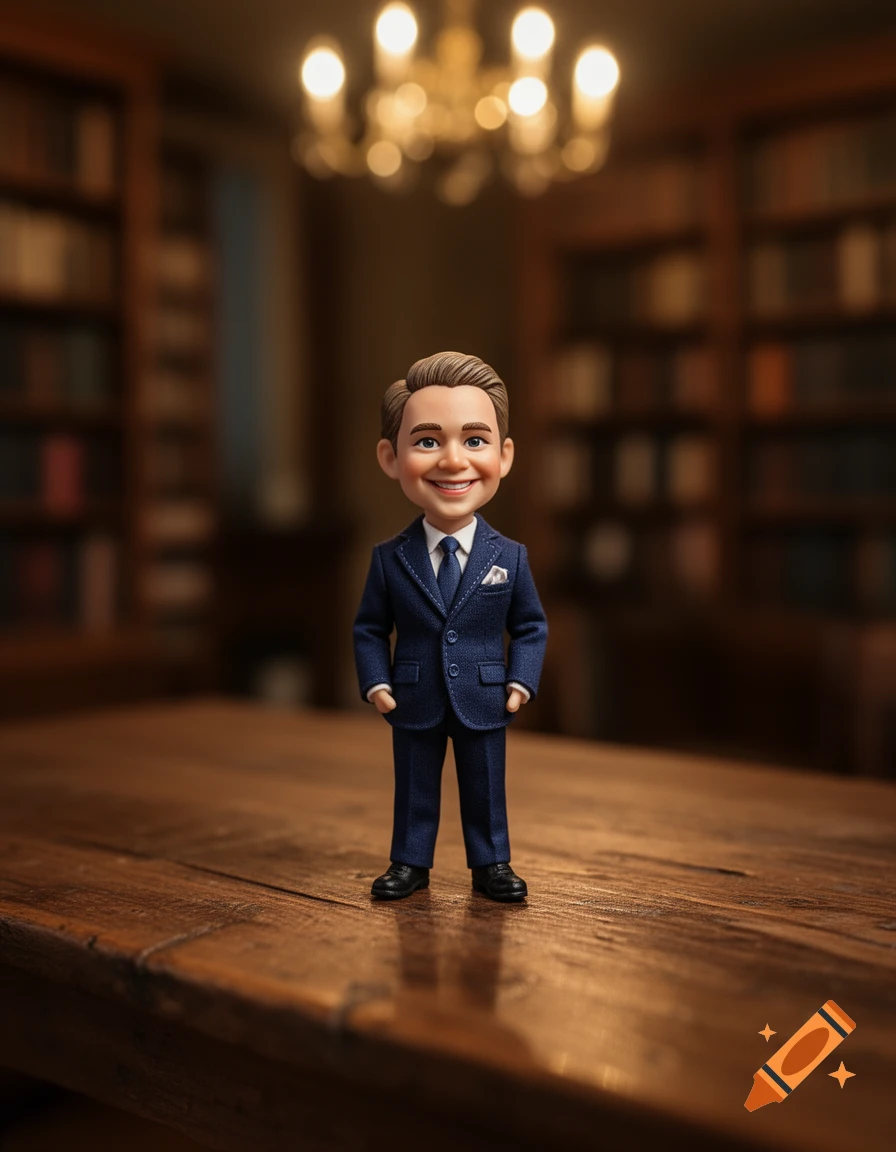 A smiling bobblehead-style man in a blue suit stands on a wooden table in a blurry library.