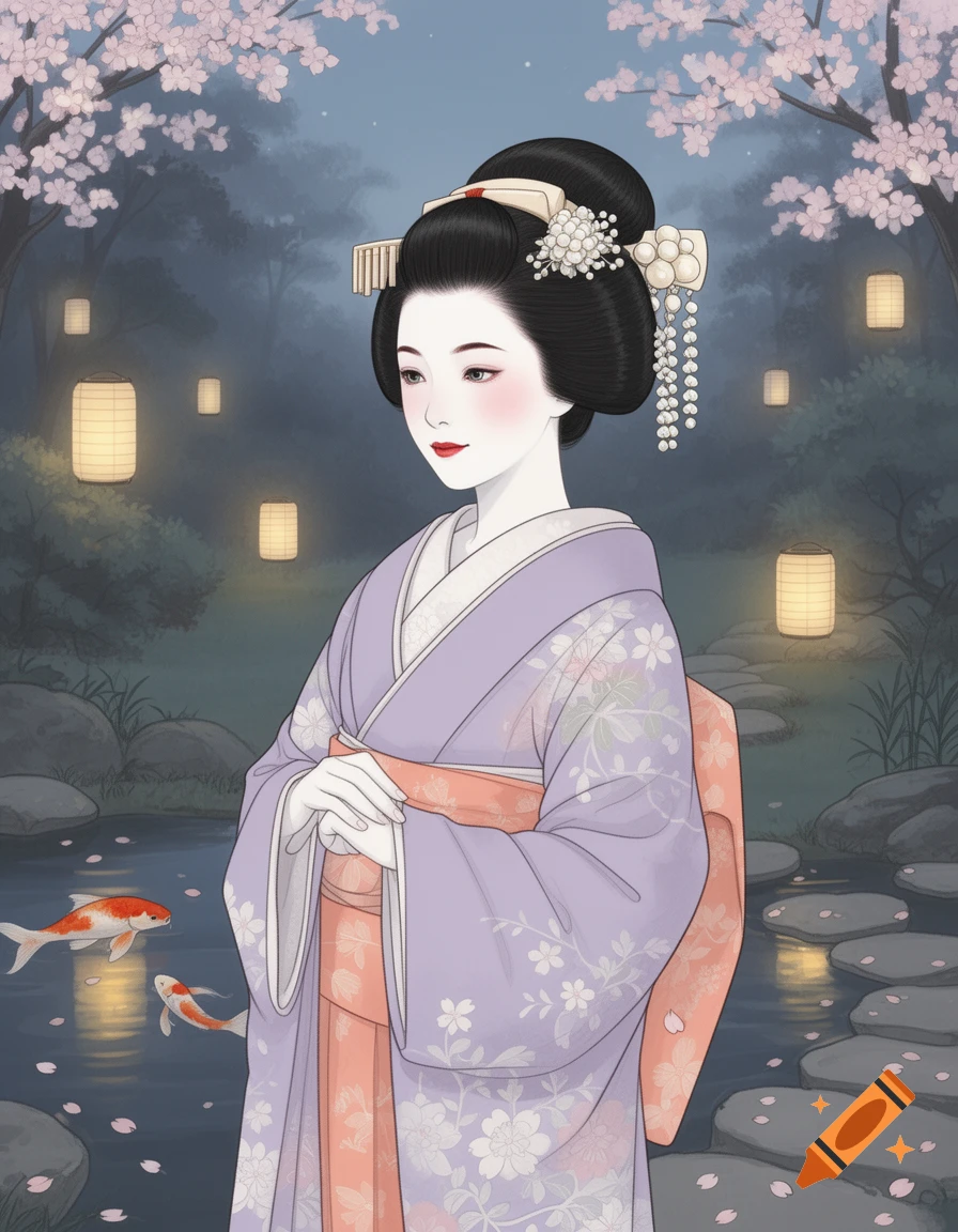 Illustration of a geisha in a purple kimono with cherry blossoms and koi fish in a pond at night.