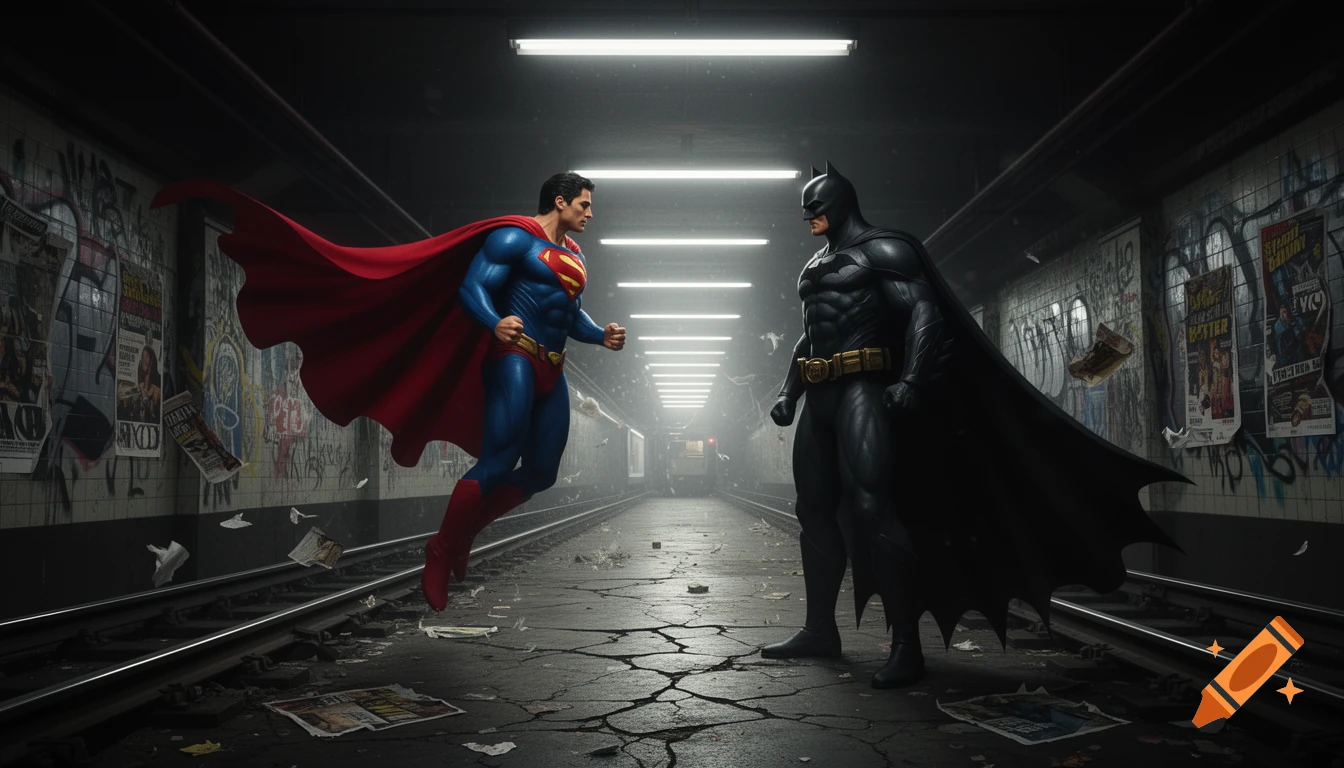 Superman and Batman confront each other in a dark, gritty subway tunnel with graffiti walls and overhead lights, photorealistic.