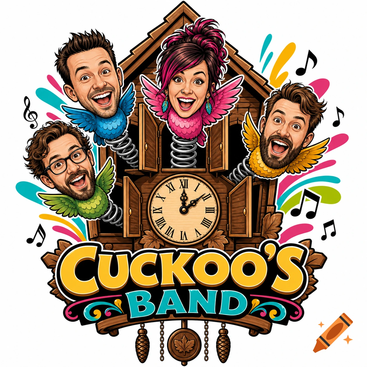 A colorful cartoon logo for Cuckoo's Band, featuring a cuckoo clock with four human-faced bird caricatures popping out, surrounded by musical notes.