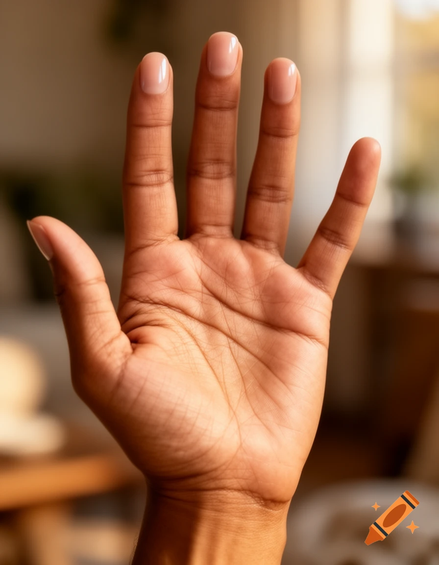 A close-up, photorealistic view of a human hand with an open palm.